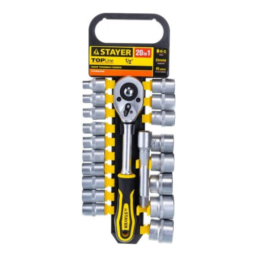 Набор торцовых головок Stayer Standard 27750-H20 1/2" на пластиковом рельсе/трещотка/удлинитель/8-32мм/20 предметов