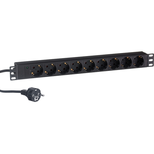 Блок розеток ExeGate ServerPro PDU-19H904 Al-9S-EU2.5CU (EX280850RUS) 19", 1U, Алюминий, 9 Schuko, кабель с евровилкой VDE-250V-16A-3*1.5mm2