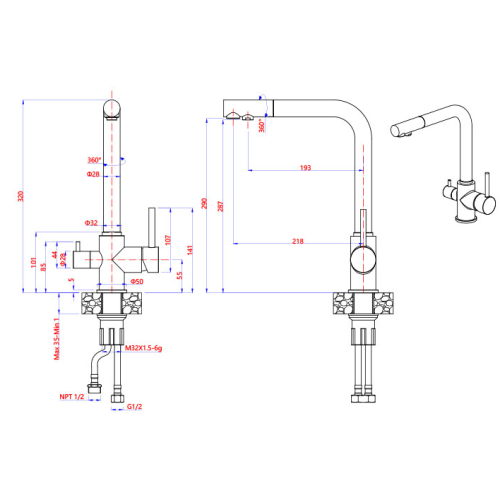 Смеситель для кухни GranFest 3611 мрамор, черный