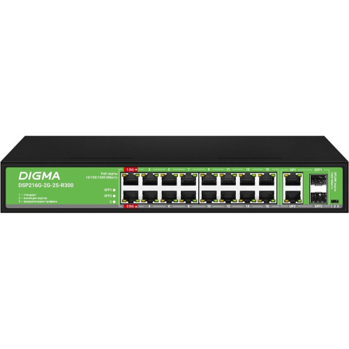 Коммутатор неуправляемый Digma DSP216G-2G-2S-R300 (L2) 18x1Гбит/с 2SFP 16PoE 16PoE+ 2PoE++ 300W