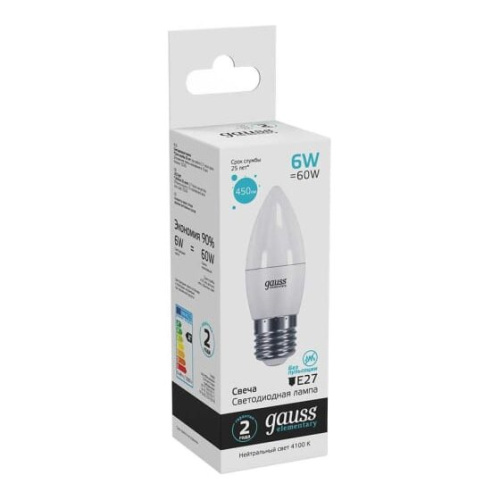 Лампа Gauss Elementary (33226) светодиодная 6Вт цок. E27 свеча 220B 4100K св.свеч.бел.нейт. C37 (упак. 10шт)