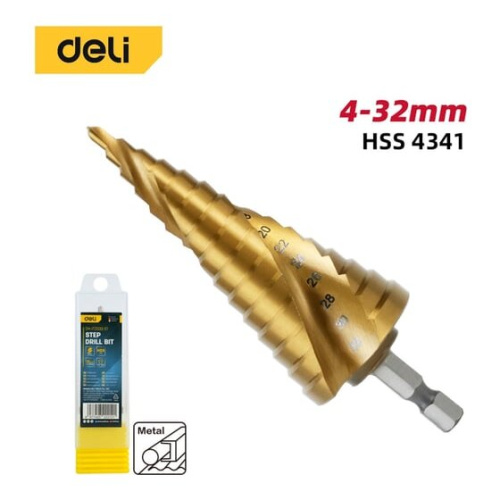 Сверло ступенчатое по металлу Deli DH-JTZ032-E1 4-32мм, HSS 4341 спиральная канавка, шестигранный хвостовик