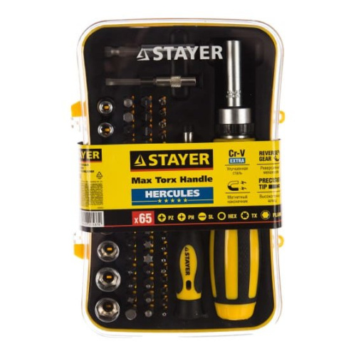 Отвертка STAYER 25310-H65 реверсивная с эргономичной ручкой, с насадками, 65 предм
