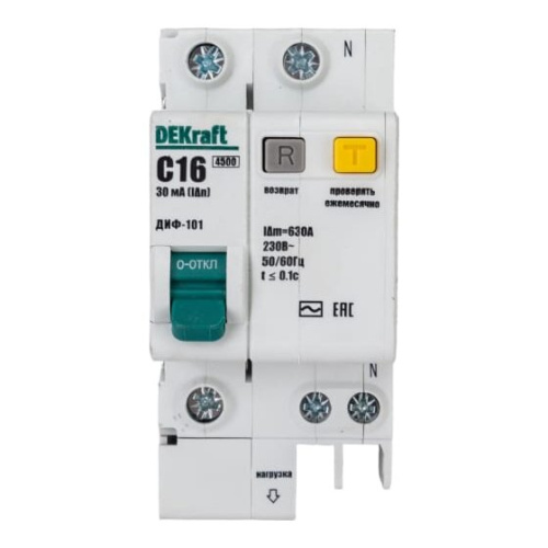 Выключатель автоматический дифференциального тока DEKraft 15157DEK со встроенной защитой 1п+N 16А 30мА AC C