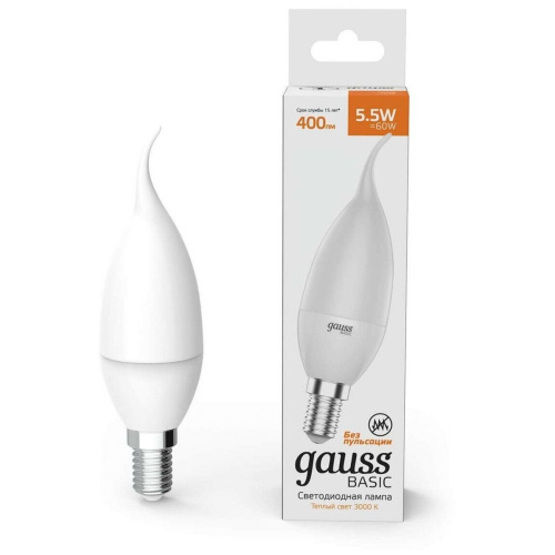 Лампа светодиодная Gauss Basic 1034116 5.5Вт цок.E14 свеча 180B 3000K св.свечения белый теплый уп/10шт